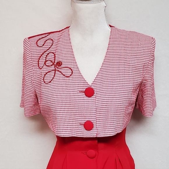 𝅺BRIOCHE 80s Vintage Red Gingham Plaid Cropped Jacket Tie Pleated Wiggle Dress - Picture 5 of 16